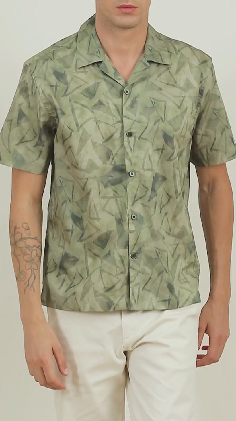 Olive Cuban Collar Print Shirt