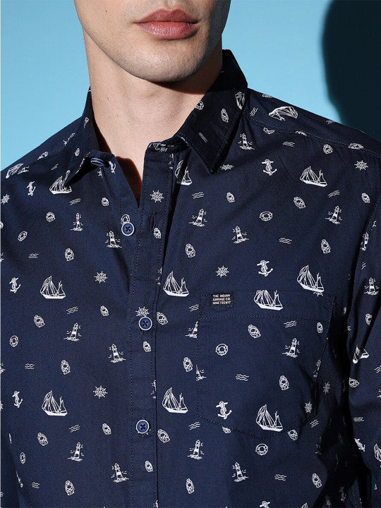 Navy blue slim fit conversational printed cotton casual shirt