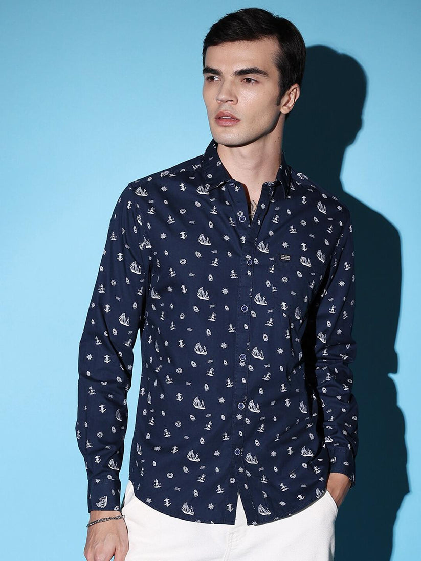 Navy blue slim fit conversational printed cotton casual shirt
