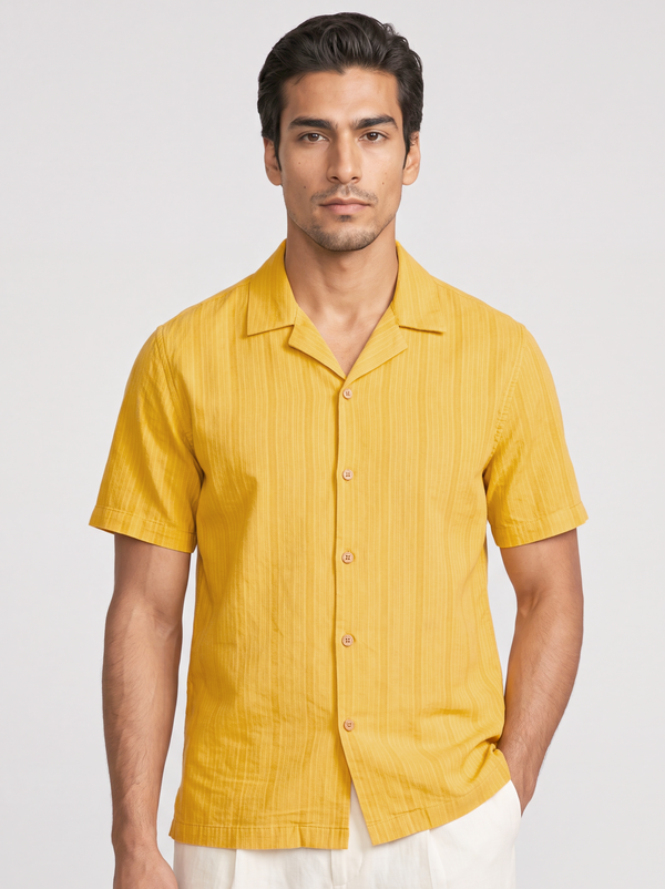 Honey Gold Cuban Collar Textured Shirt